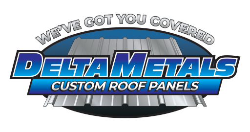 Logo of Delta Metals with the slogan "We've Got You Covered." It features an illustration of custom roof panels in silver, set against a blue and black gradient background.