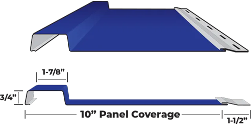 A blue metal roofing panel shown in cross-section, highlighting its interlocking edges, grooves, and raised seams, with measurements indicated for panel height and width.