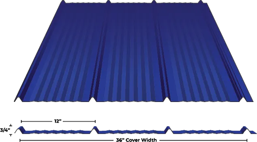 A perspective view of a blue corrugated metal roofing sheet with parallel ridges and grooves running lengthwise.