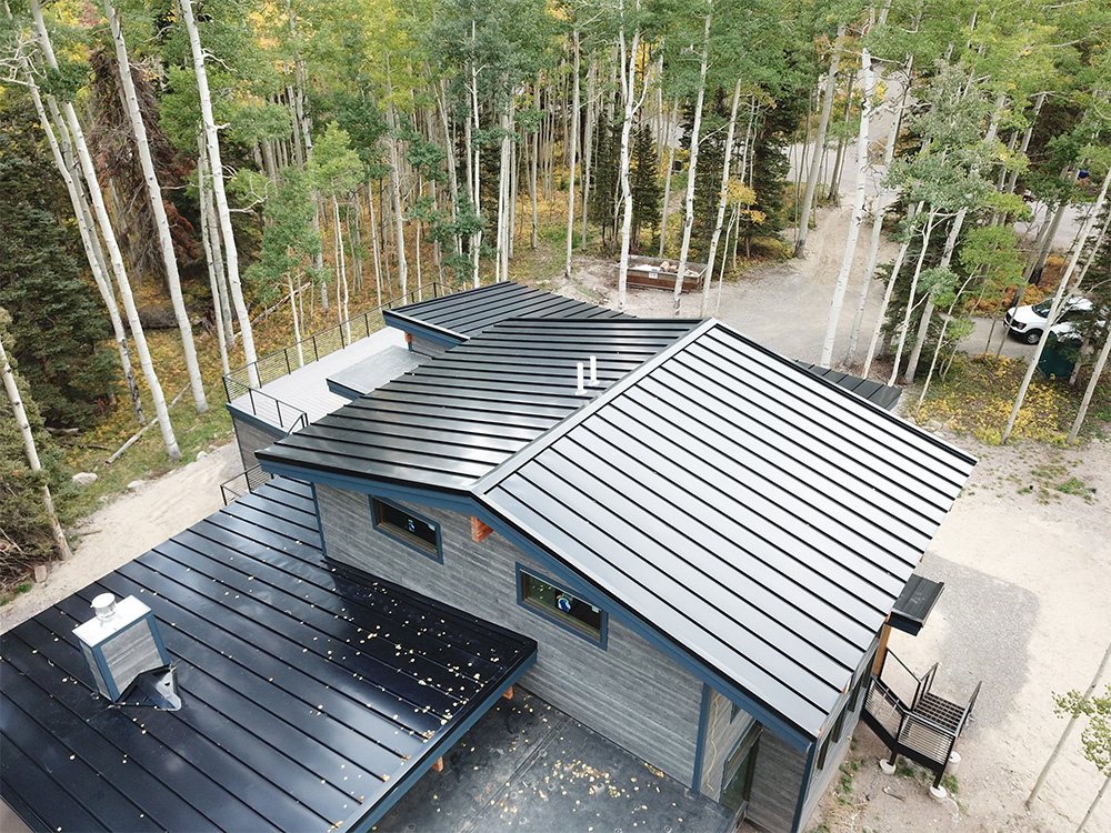 A modern house with a black metal roof is surrounded by tall aspen trees. The roof features clean lines and the ground is covered with light gravel. Leaves are scattered on the roof and the surrounding area is forested.