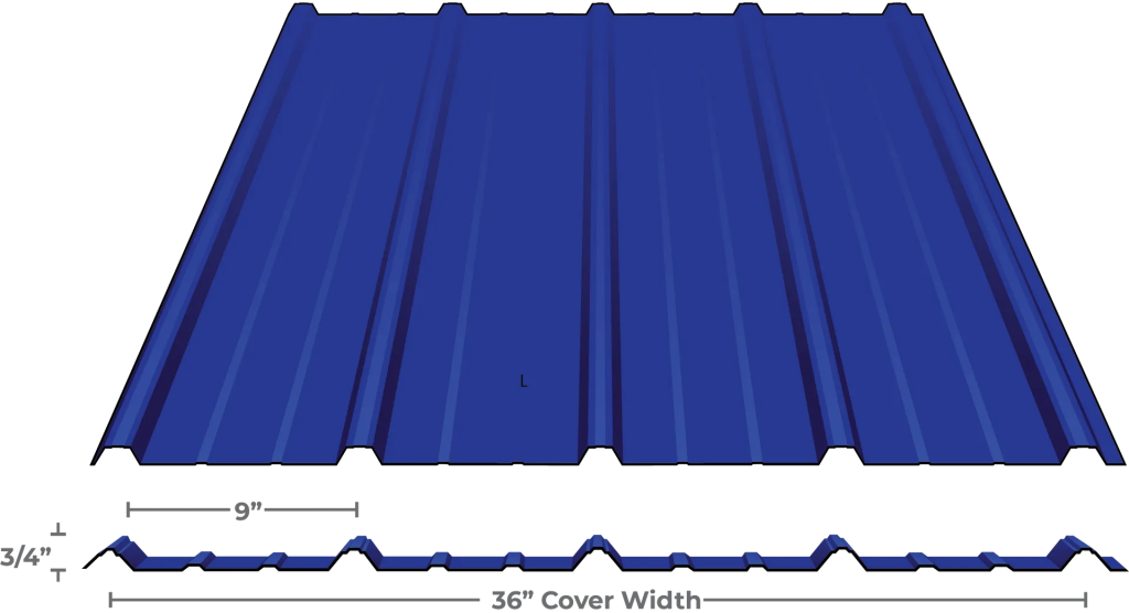 A blue metal roofing panel with a ribbed profile, showing 36-inch cover width, 9-inch spacing between ribs, and 3/4-inch rib height. The bottom view highlights the panel’s wavy cross-section.