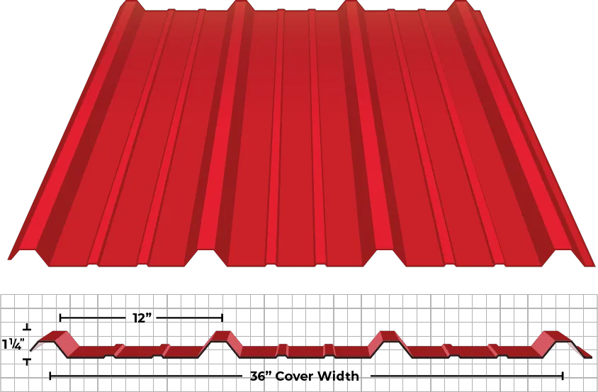 A red corrugated metal roofing sheet is shown from an angled perspective, with a cross-sectional diagram below displaying its ridged profile over a grid background.