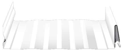 White corrugated metal roofing panel with vertical ridges and upturned edges on both sides, shown from an angled front view against a gray background.