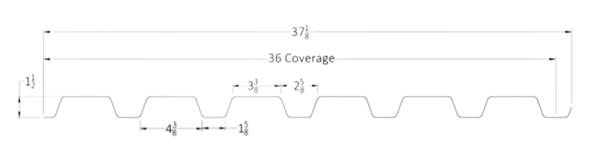 Line drawing of a metal panel cross-section with dimensions: 1" deep profile, 36" coverage, total width 37 7/8", rib spacing 9" center-to-center, rib width 1 1/8", rib height 1".