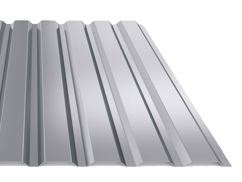 A sheet of silver corrugated metal roofing with evenly spaced ridges and grooves, shown from an angle on a plain white background.