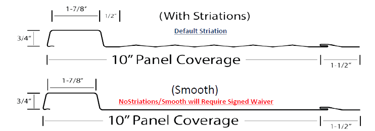 Diagram comparing two 10-inch metal panels: one with striations (wavy surface) and one smooth. Each panel's edge dimensions and coverage are labeled, showing slight differences in texture but same overall size.