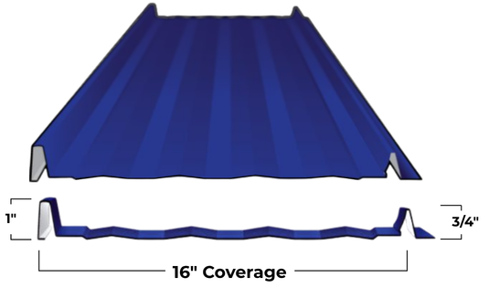 Blue Delta Screw Flange 1” corrugated metal roofing panel, 16 inches wide, with a 1-inch rib height on one side and a 3/4-inch rib height on the other.